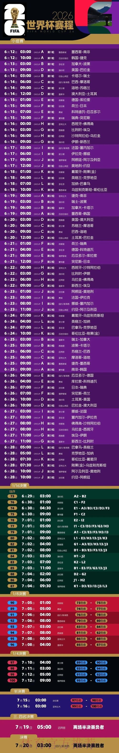 2026世界杯每日赛程高清版比赛时间表免费观看 2026世界杯每日赛程高清版比赛时间表免费观看